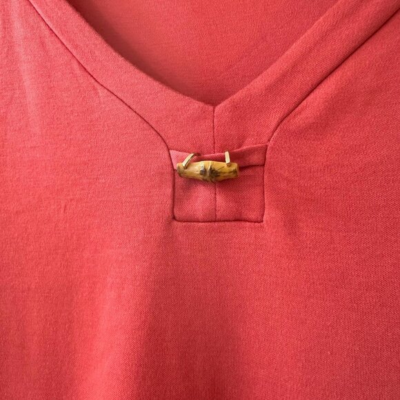 Talbots Coral V-Neck Tee with Unique Wood Accent, Size 1X - Picture 2 of 5